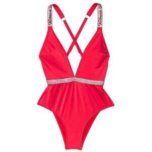 Victoria Secret Large L Shine Strap Plunge One Piece Swimsuit Bikini LOGO Pink